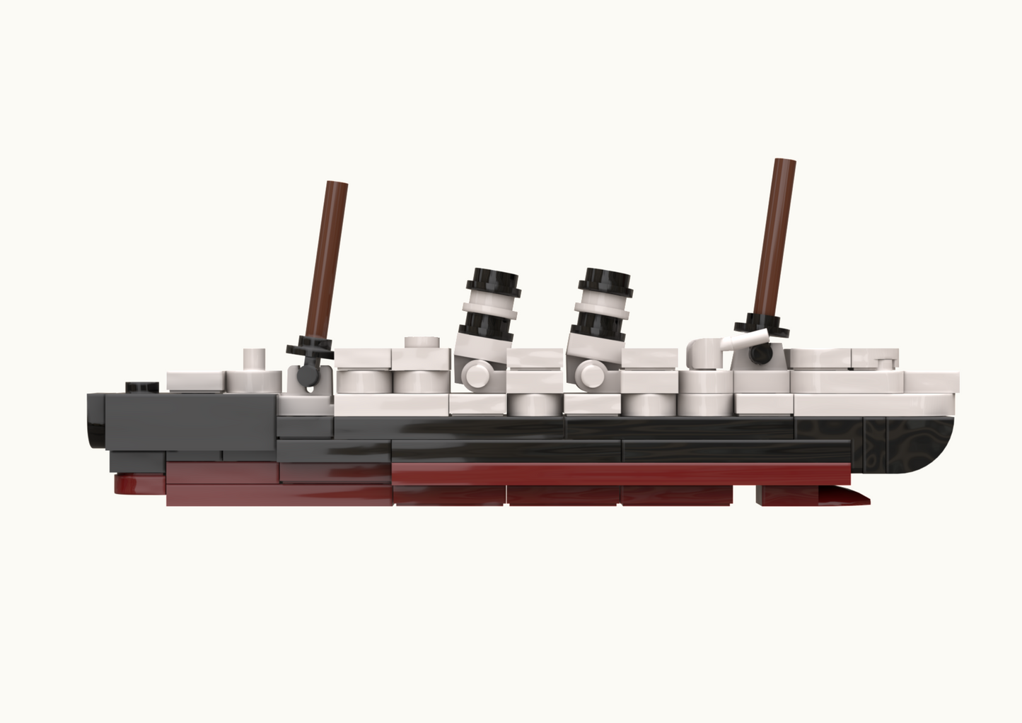 Model of a ship made from interlocking bricks on a white background.