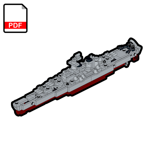 Model of a USS Iowa Battleship MOC with a PDF icon on a white background.