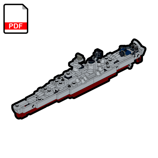 Model of a ship made from interlocking bricks on a white background with a PDF icon.