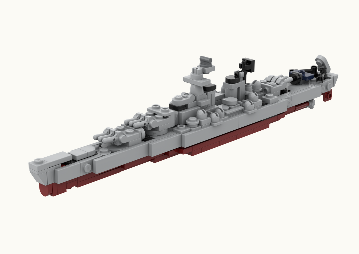Model of a battleship made from interlocking bricks on a white background