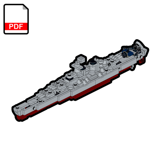 Model of a ship made from interlocking bricks on a white background with a PDF icon.