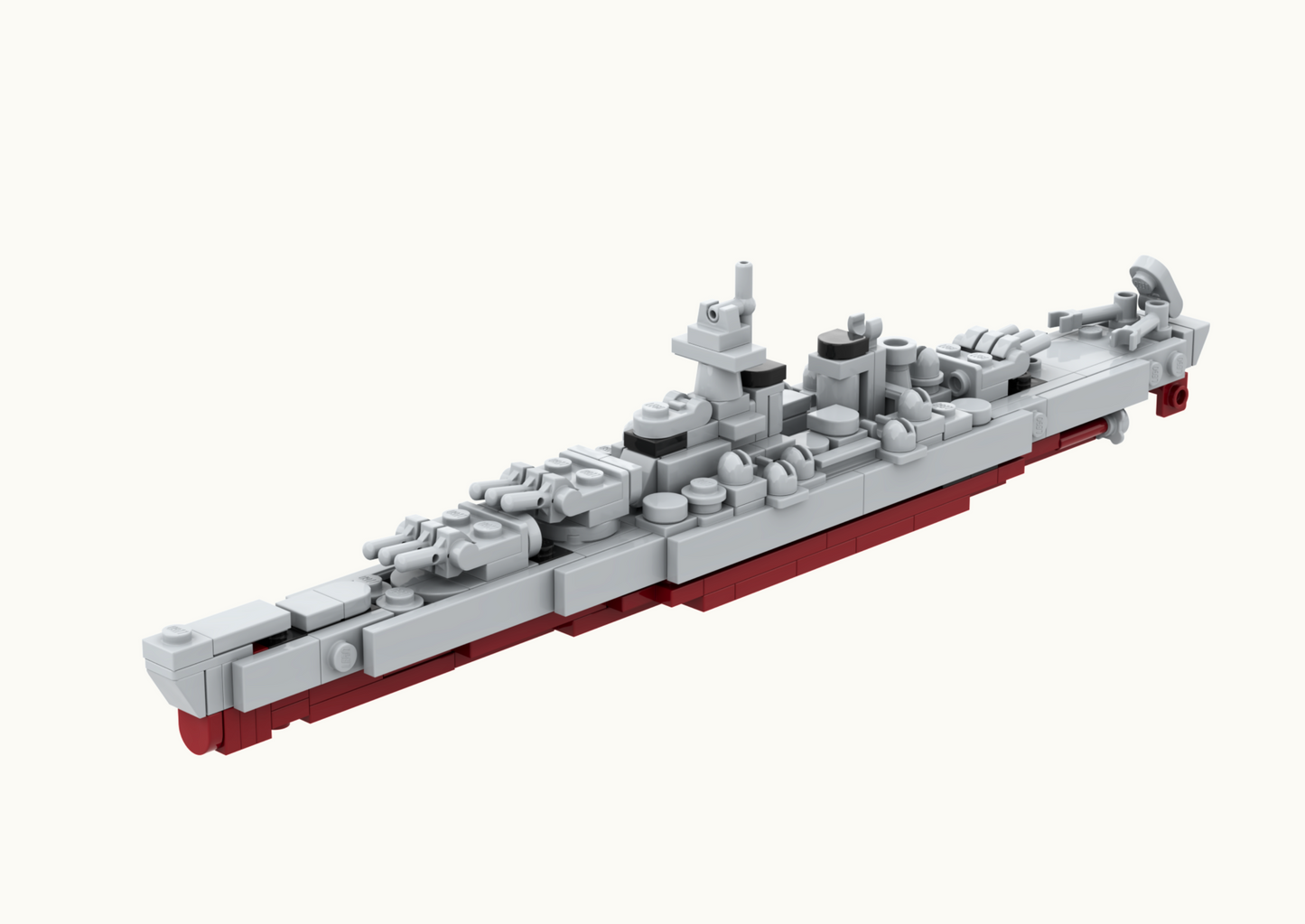 Model of a battleship made from interlocking bricks on a white background