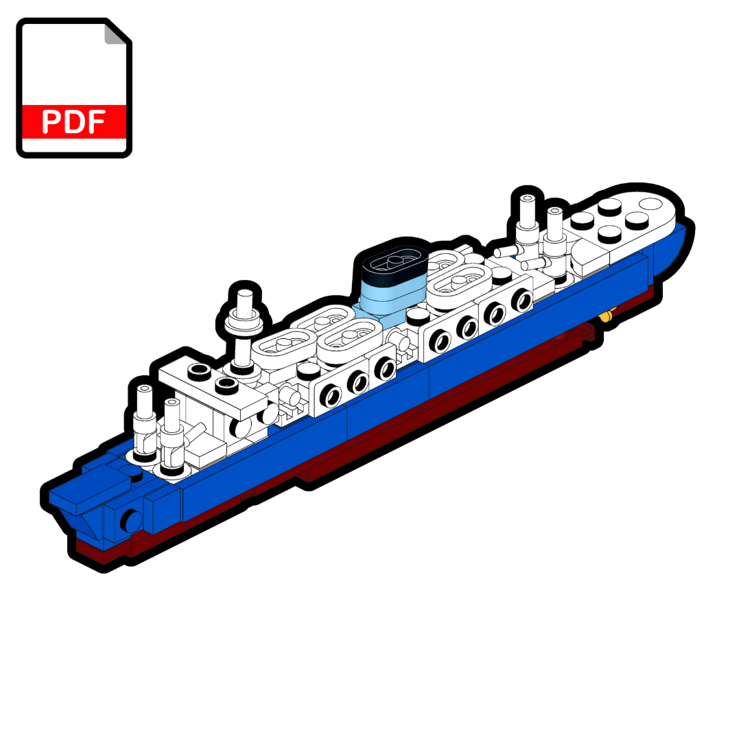 Model of a ship made from interlocking bricks on a white background with a PDF icon.
