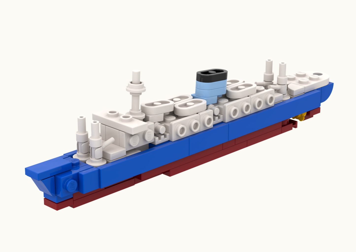 Model of a ship made from interlocking bricks on a white background.