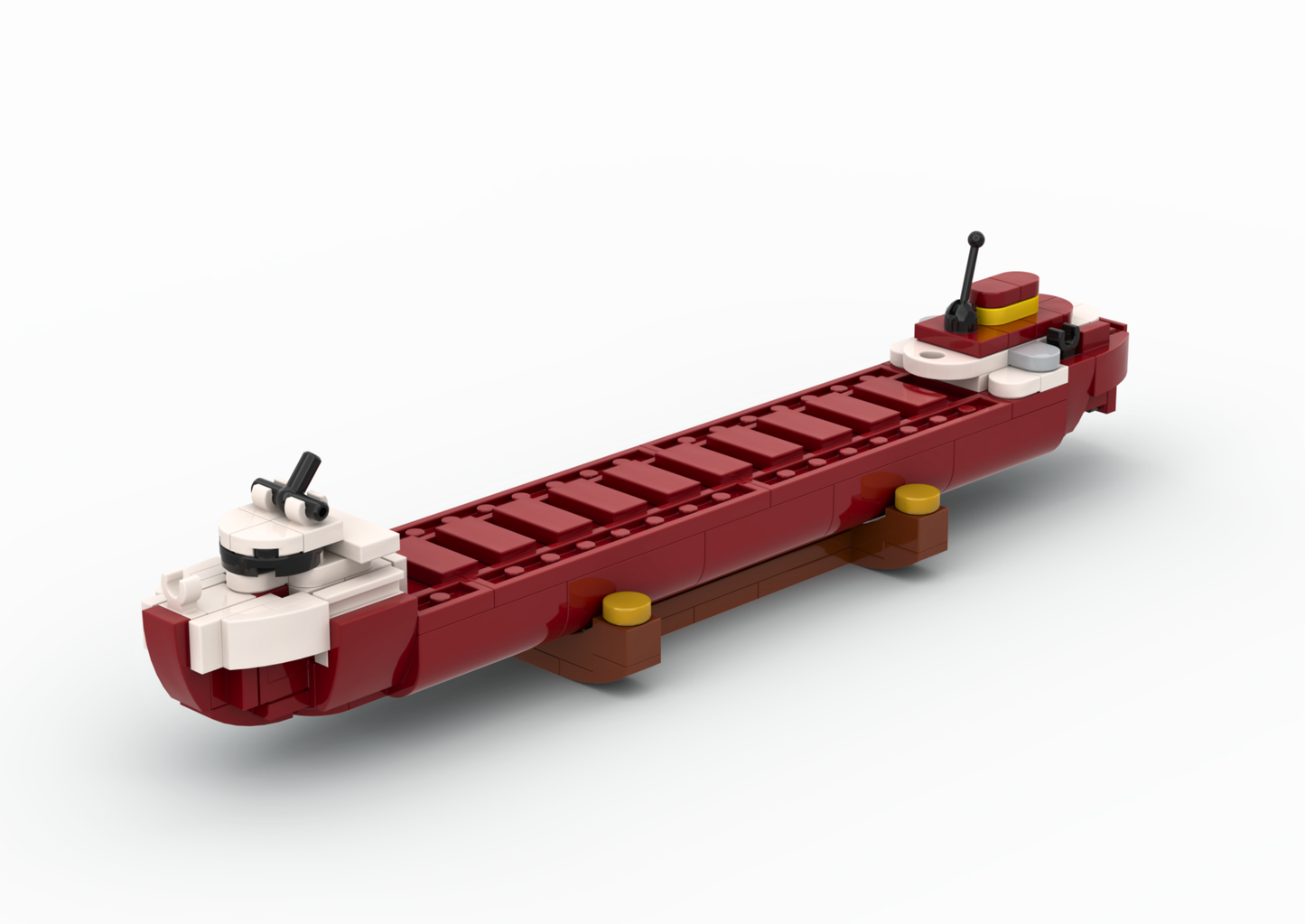 Model ship made of interlocking bricks on a white background.