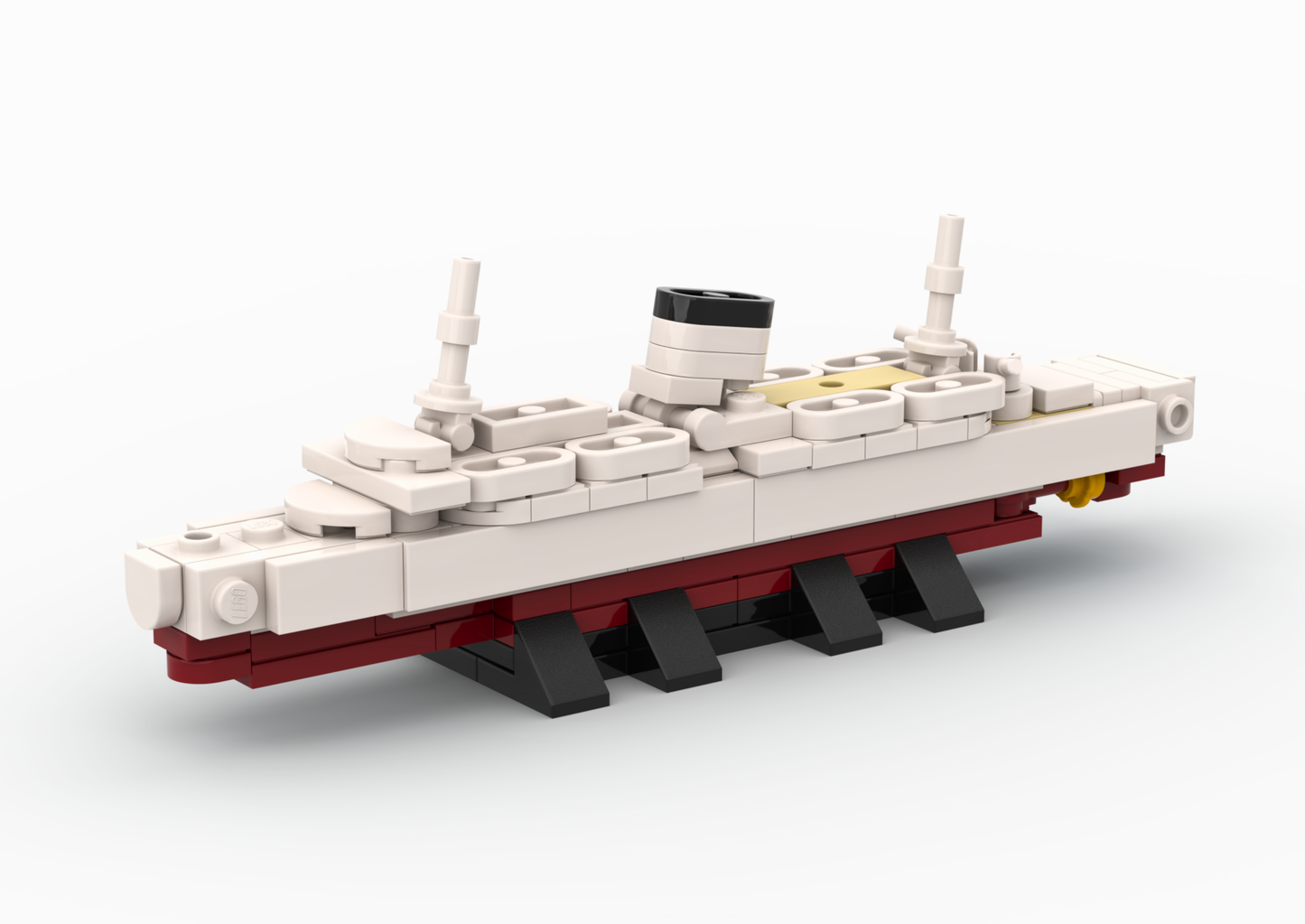 LEGO MV Wilhelm MOC on a custom display stand.
