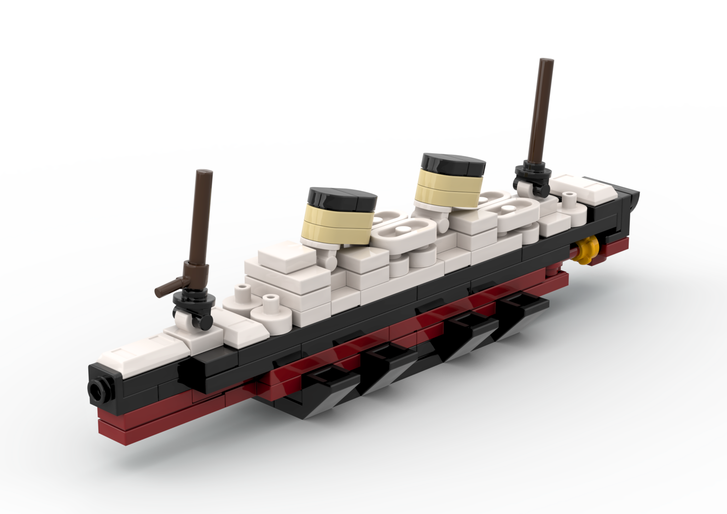 LEGO MV Britannic MOC on a custom display stand.