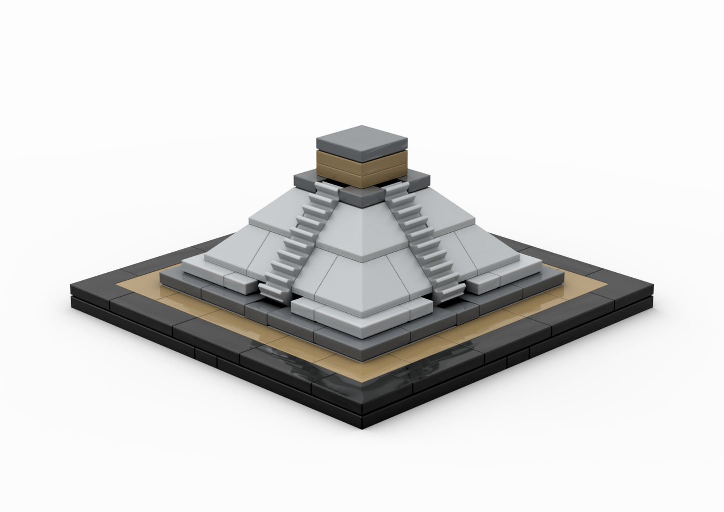 A digital rendering of a LEGO model resembling the Temple of Kukulcan, a Mesoamerican step pyramid.