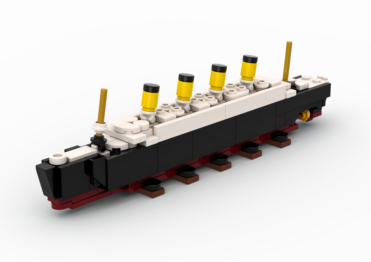 LEGO RMS Titanic MOC on a custom display stand.
