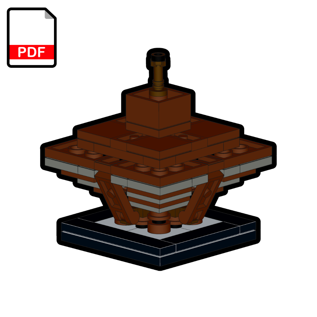 A PDF icon indicating building instructions for a LEGO model of the Slovak Radio Building, which is an inverted pyramid structure.