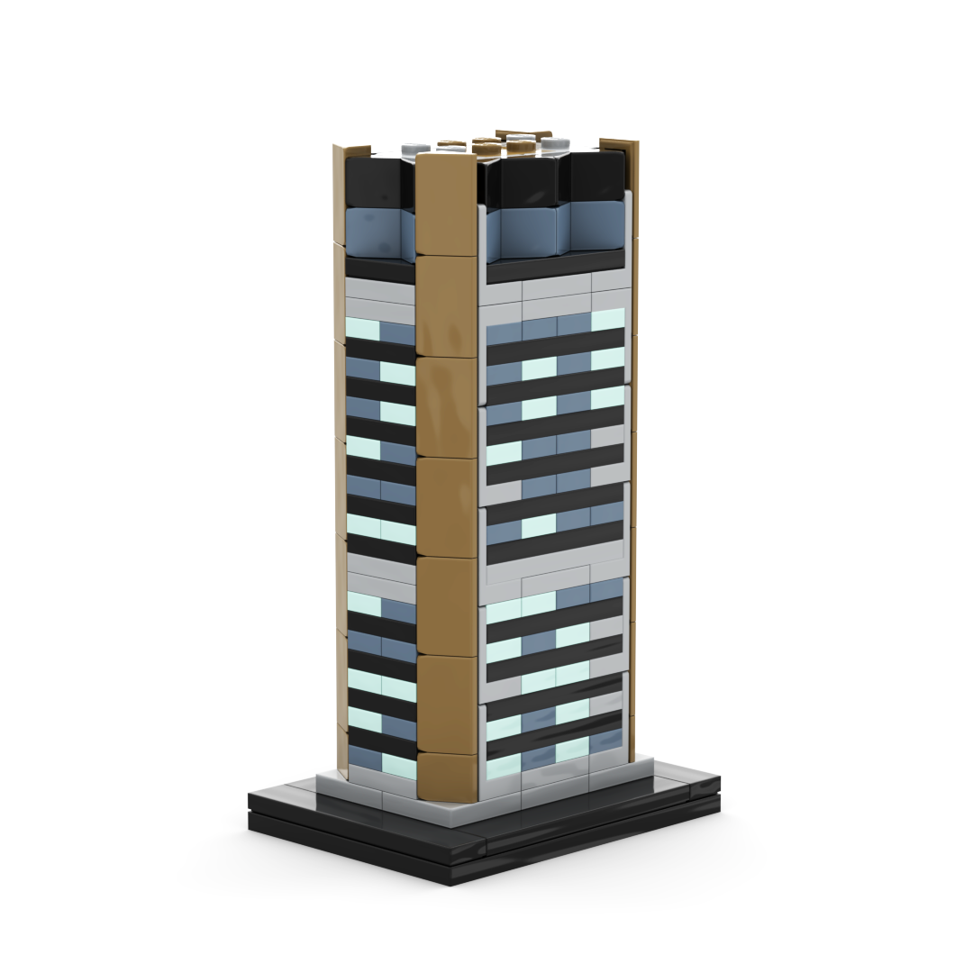 Tall, rectangular tower made of interlocking bricks on a white background