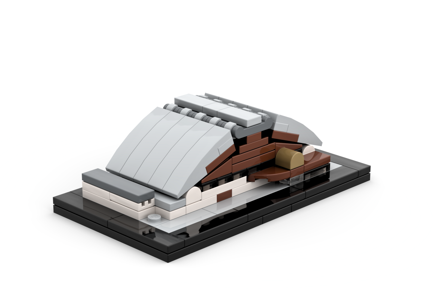 3D rendered image of the LEGO model of the micro-scaled Harmincova Winter Stadium.