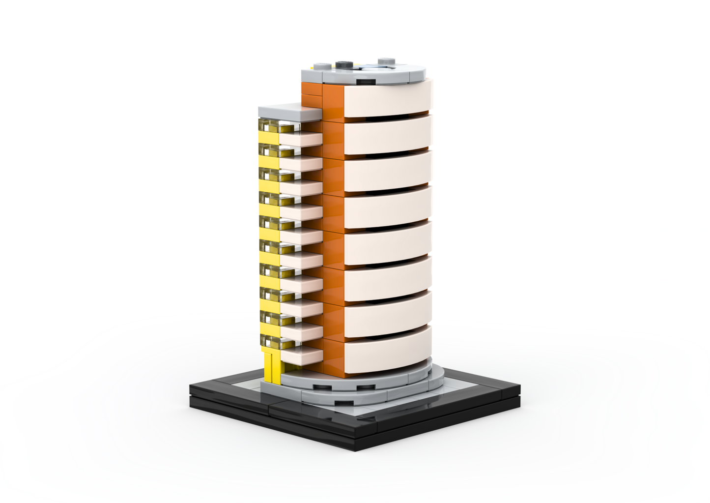 Model of a modern building with colorful design on a white background