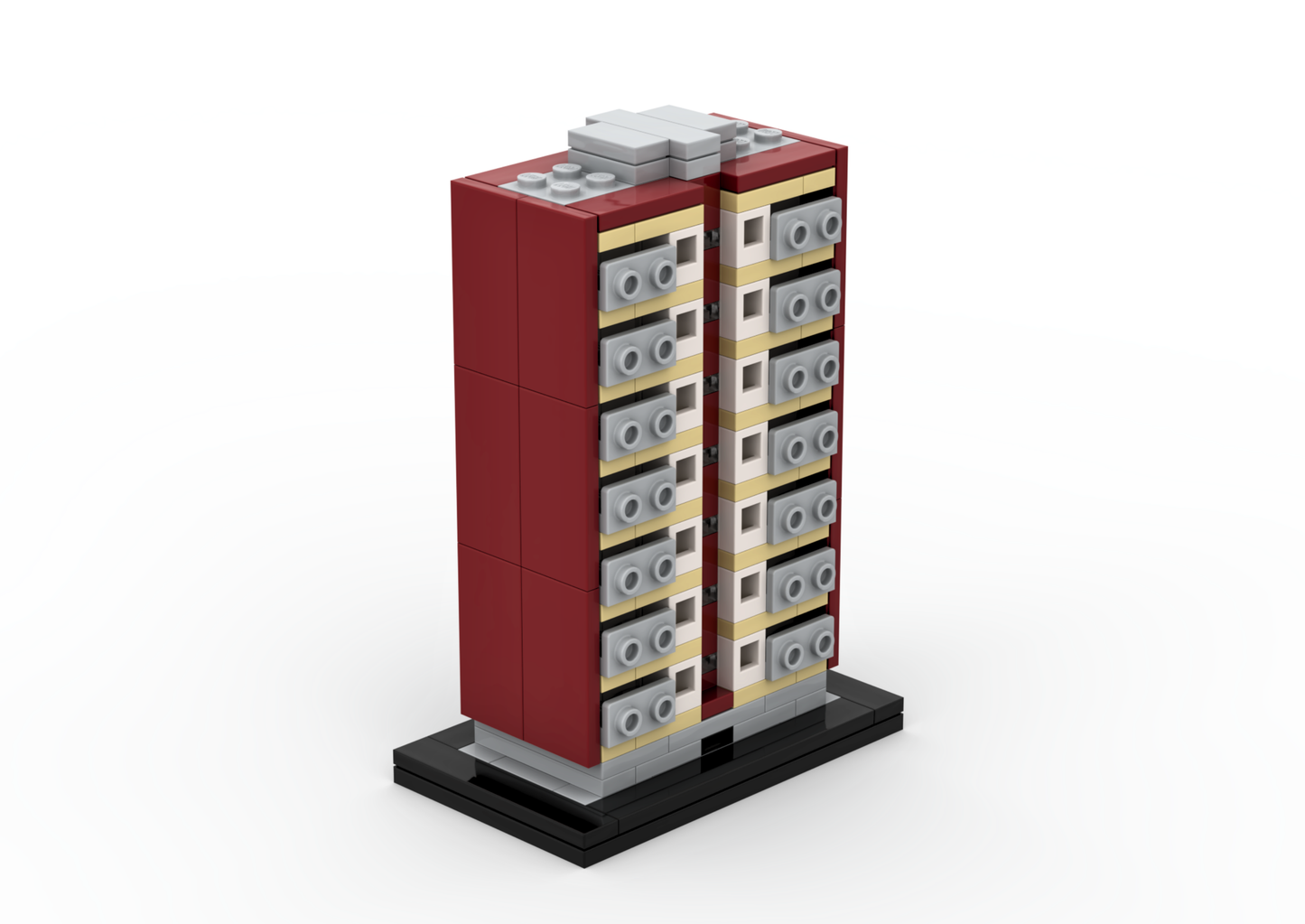 LEGO structure with red, beige, and gray bricks on a white background