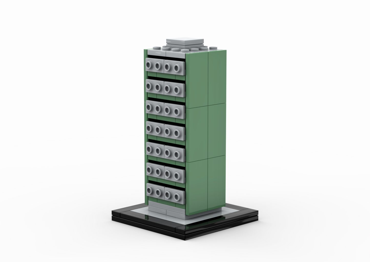 LEGO tower with alternating gray and green bricks on a white background
