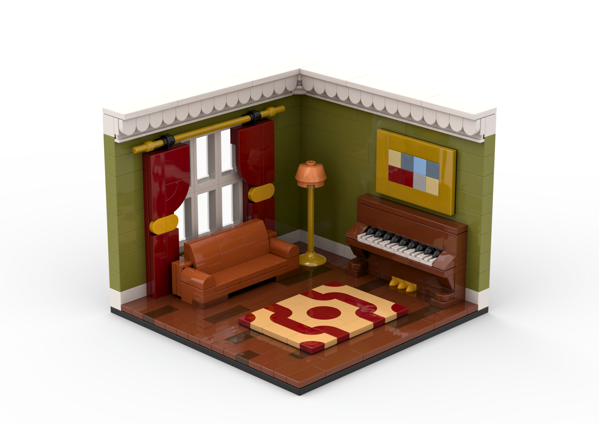 Miniature model of a living room with a sofa, lamp, and painting.