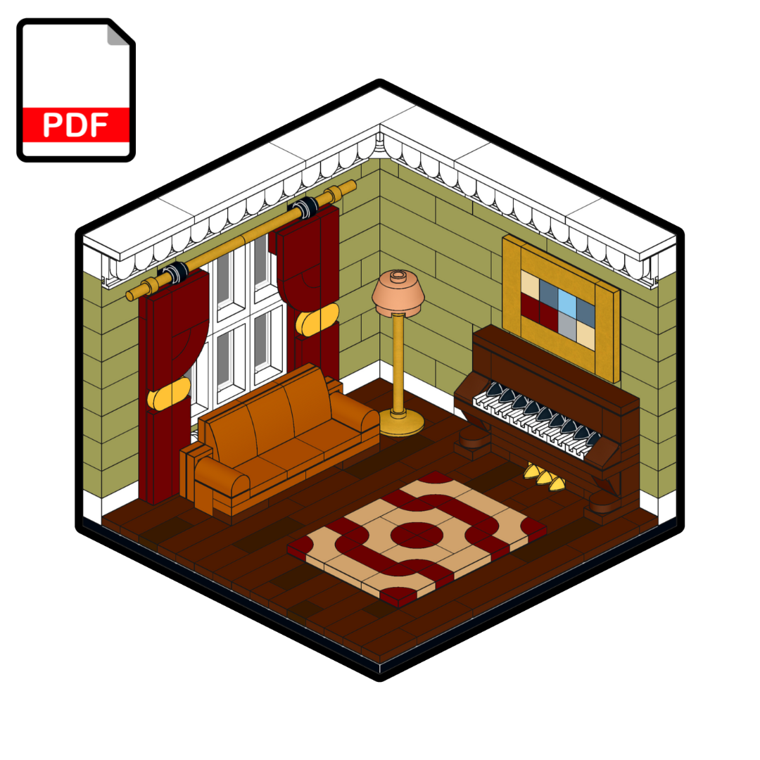 An illustrated PDF building instruction for a cozy apartment diorama featuring a piano, couch, rug, floor lamp, and curtains.