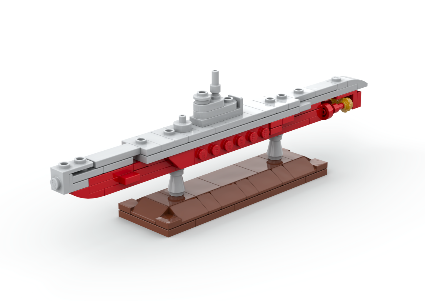 Model submarine made of interlocking bricks on a white background.