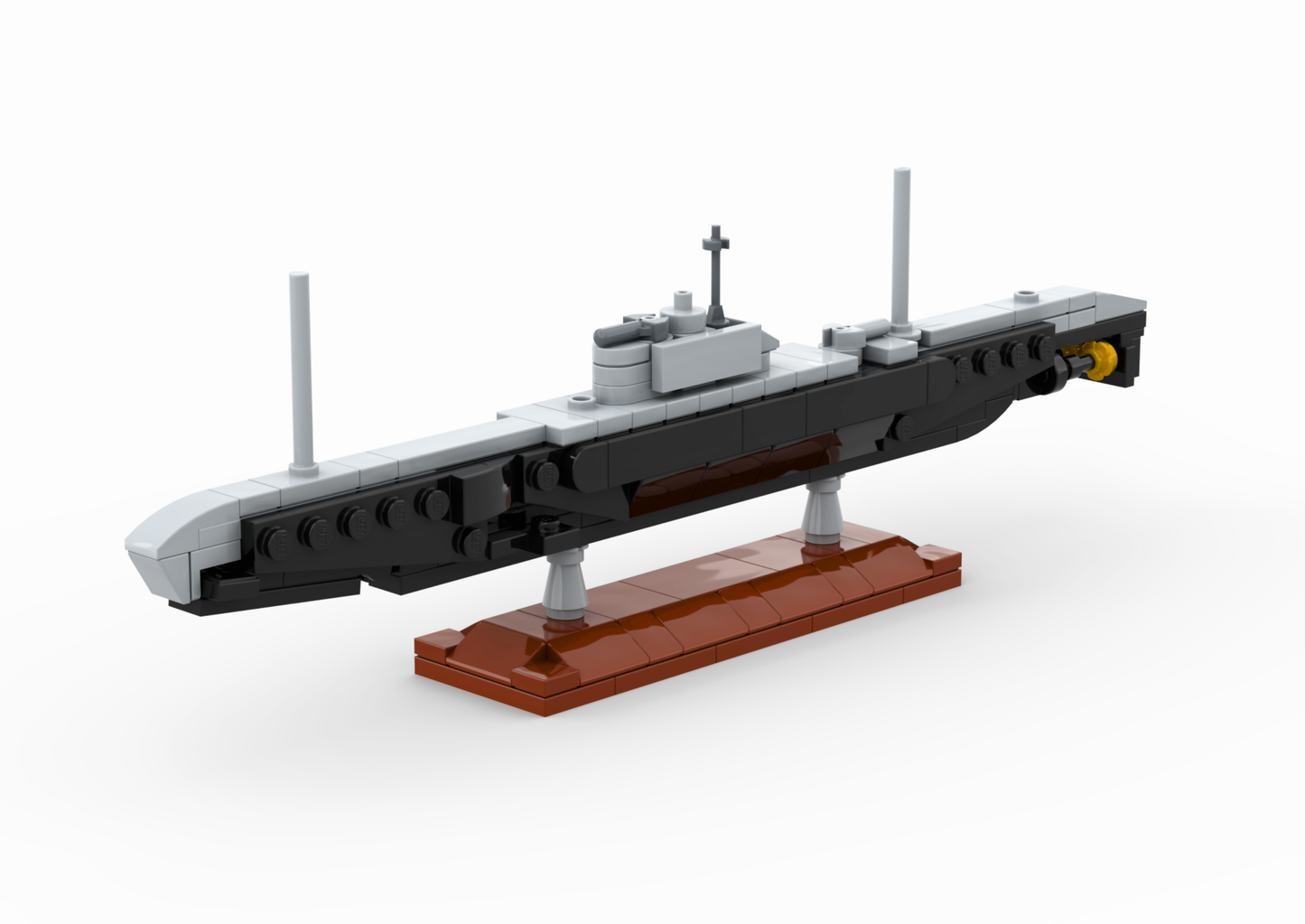 Model of a submarine made from interlocking bricks on a white background.