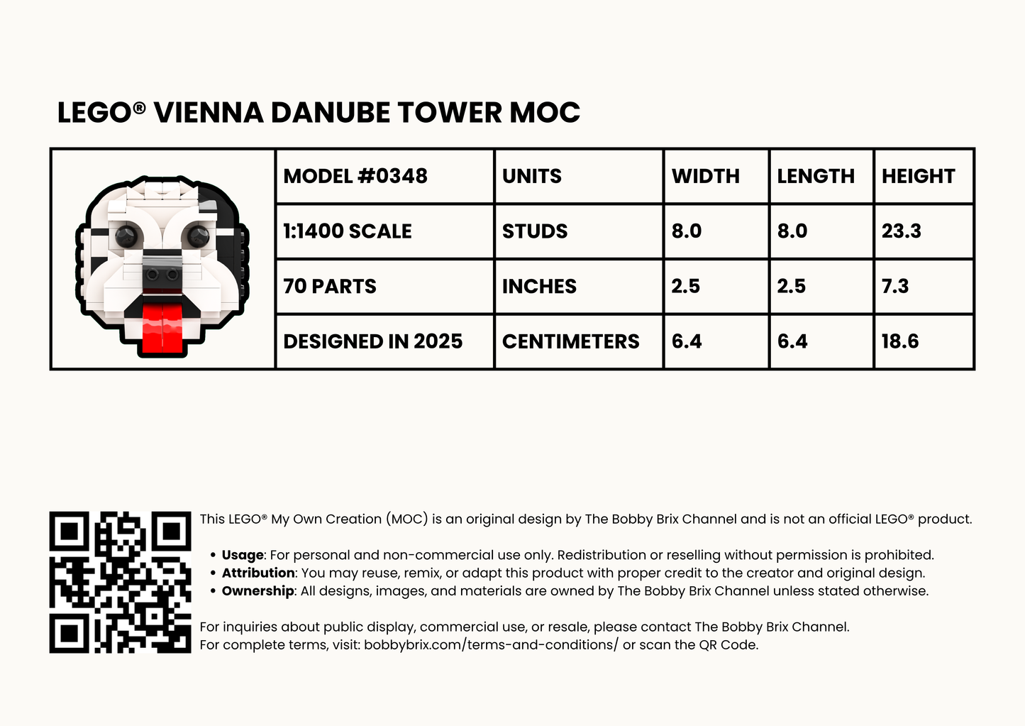 Technical specifications of a LEGO Vienna Danube Tower model on a white background