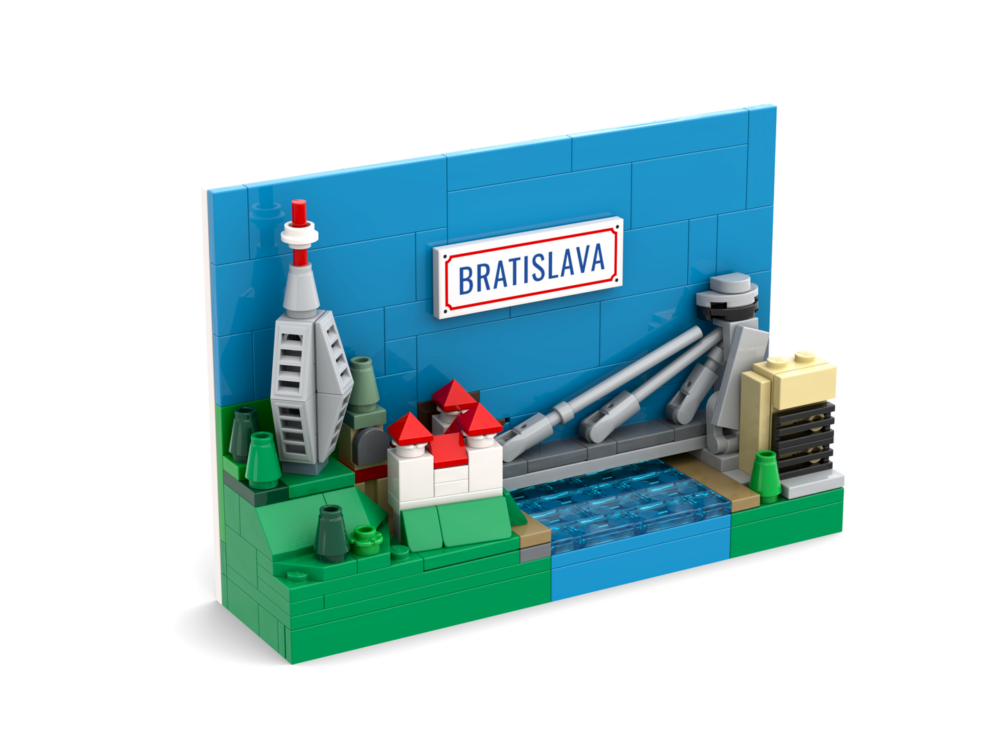 LEGO model of Bratislava with a sign and cityscape elements on a white background