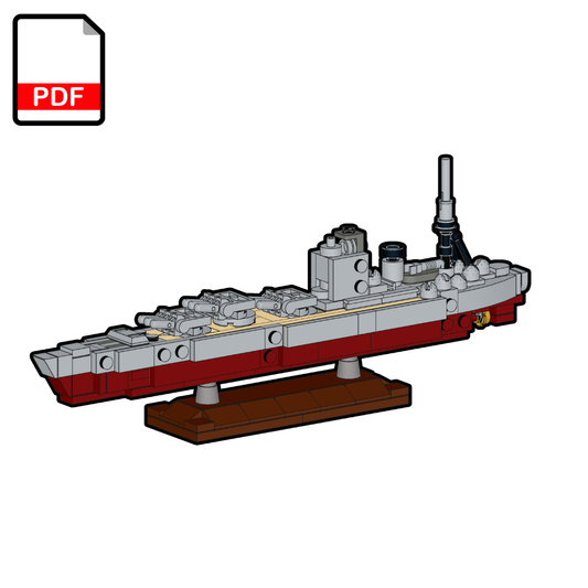 Model of a ship made from interlocking bricks on a white background with a PDF icon.