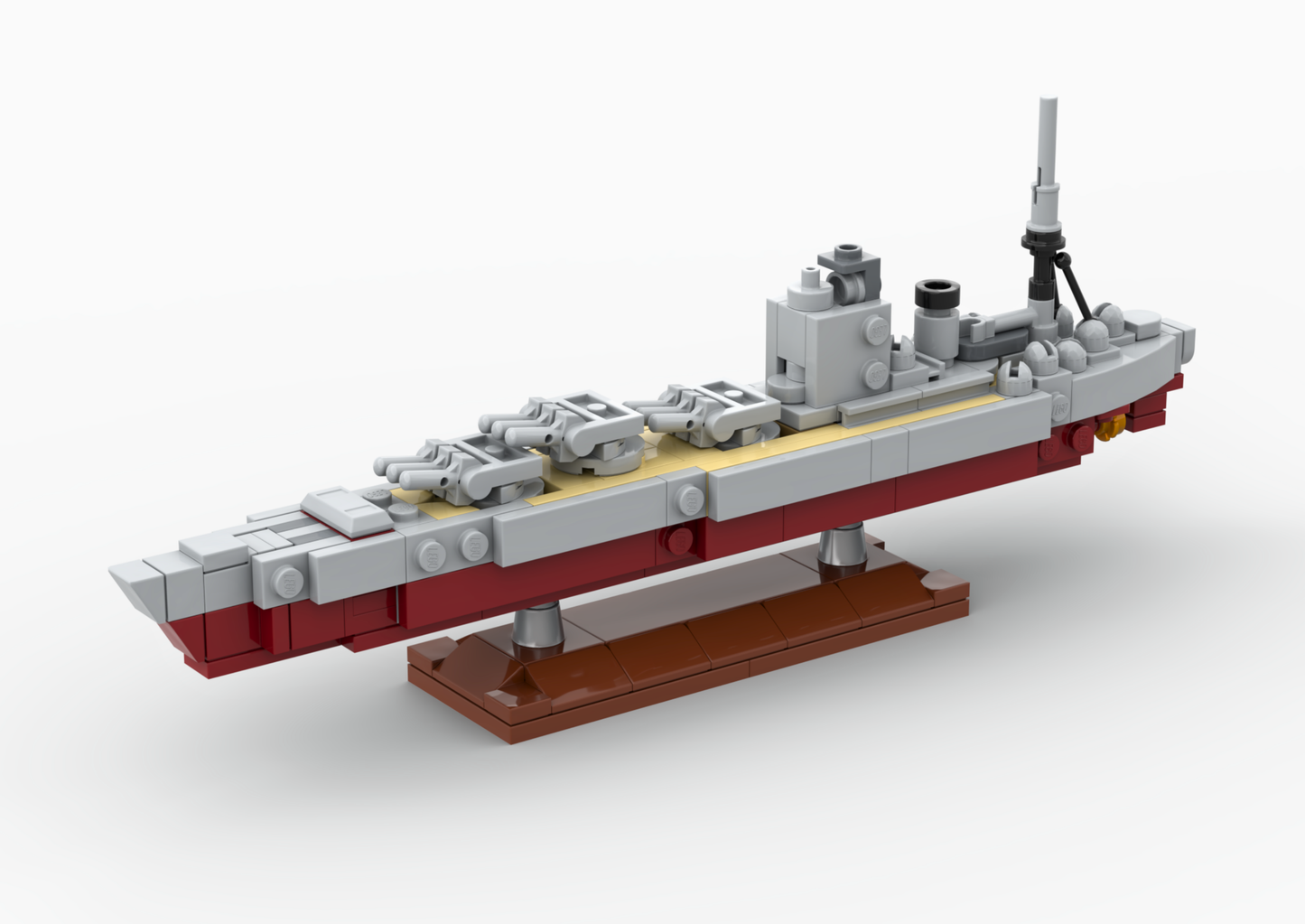 Model of a ship made from building blocks on a white background