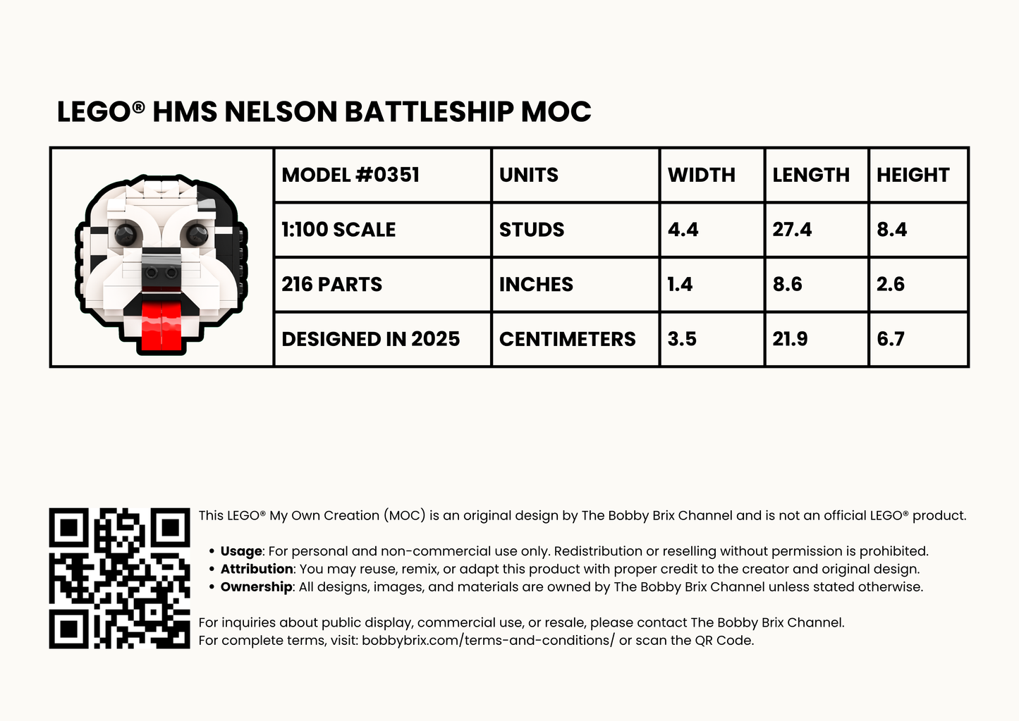 Technical specifications of a LEGO HMS Nelson Battleship MOC on a white background