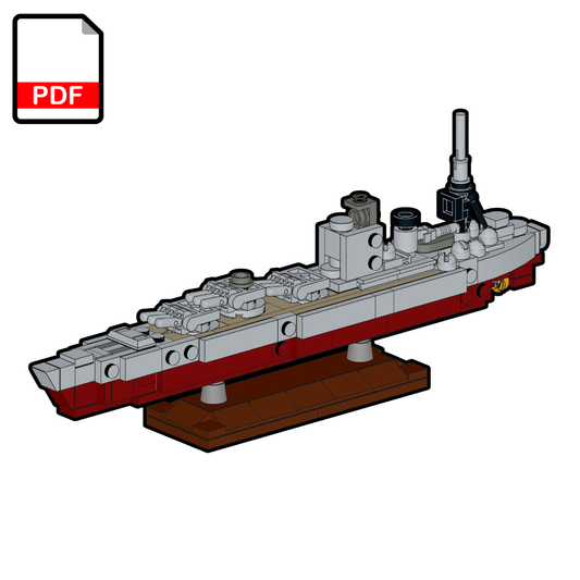 Model of a ship made from interlocking bricks on a white background with a PDF icon.