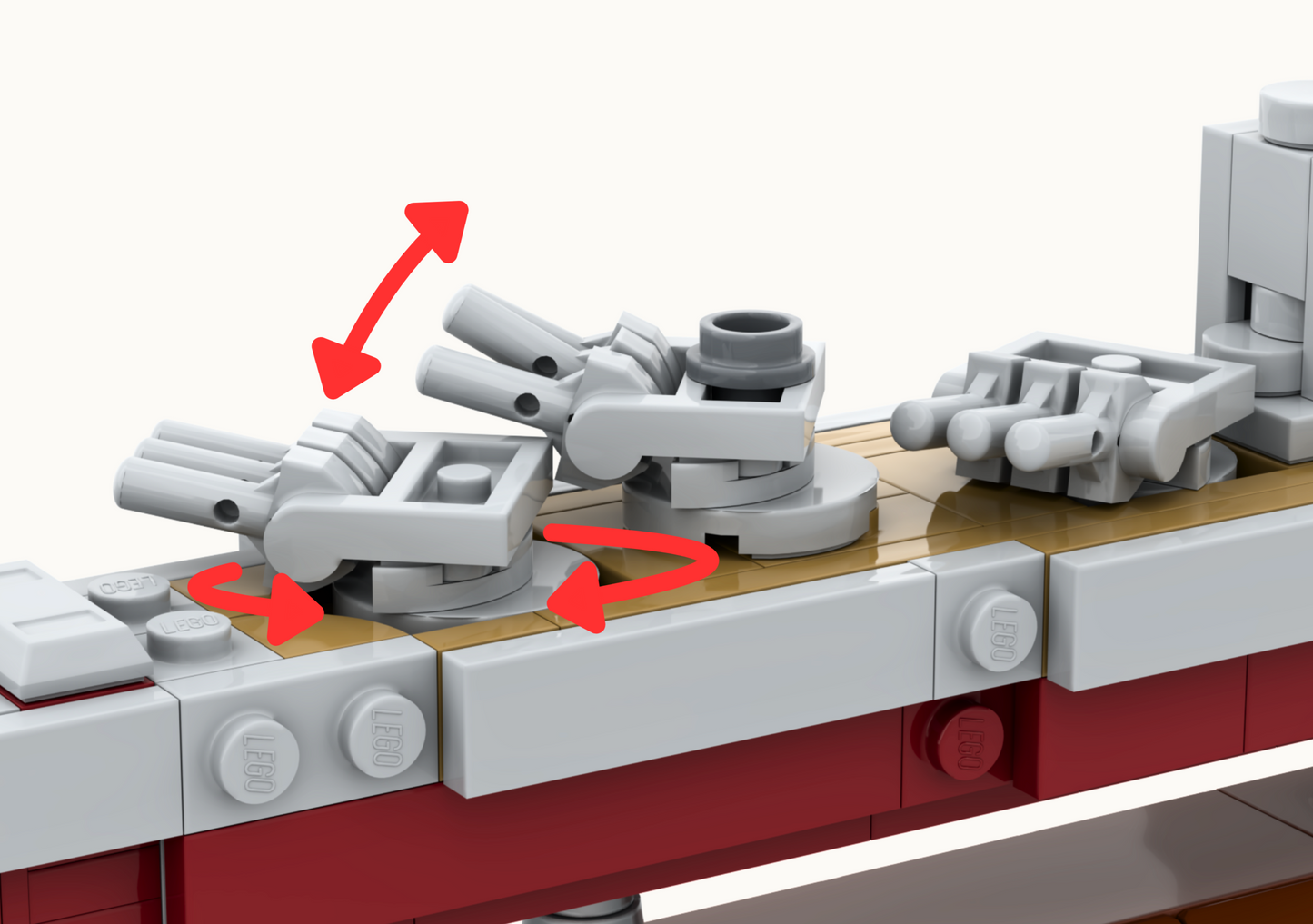 Close-up of a LEGO model with red arrows indicating movement or assembly instructions.