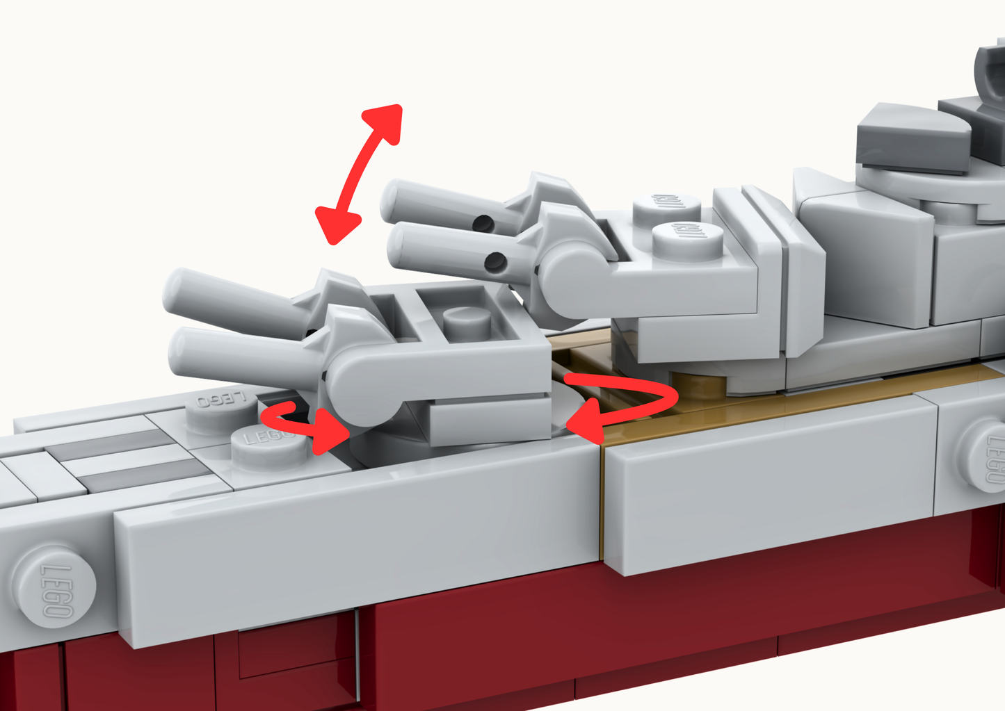 Close-up of a LEGO model with red arrows indicating movement or assembly instructions.