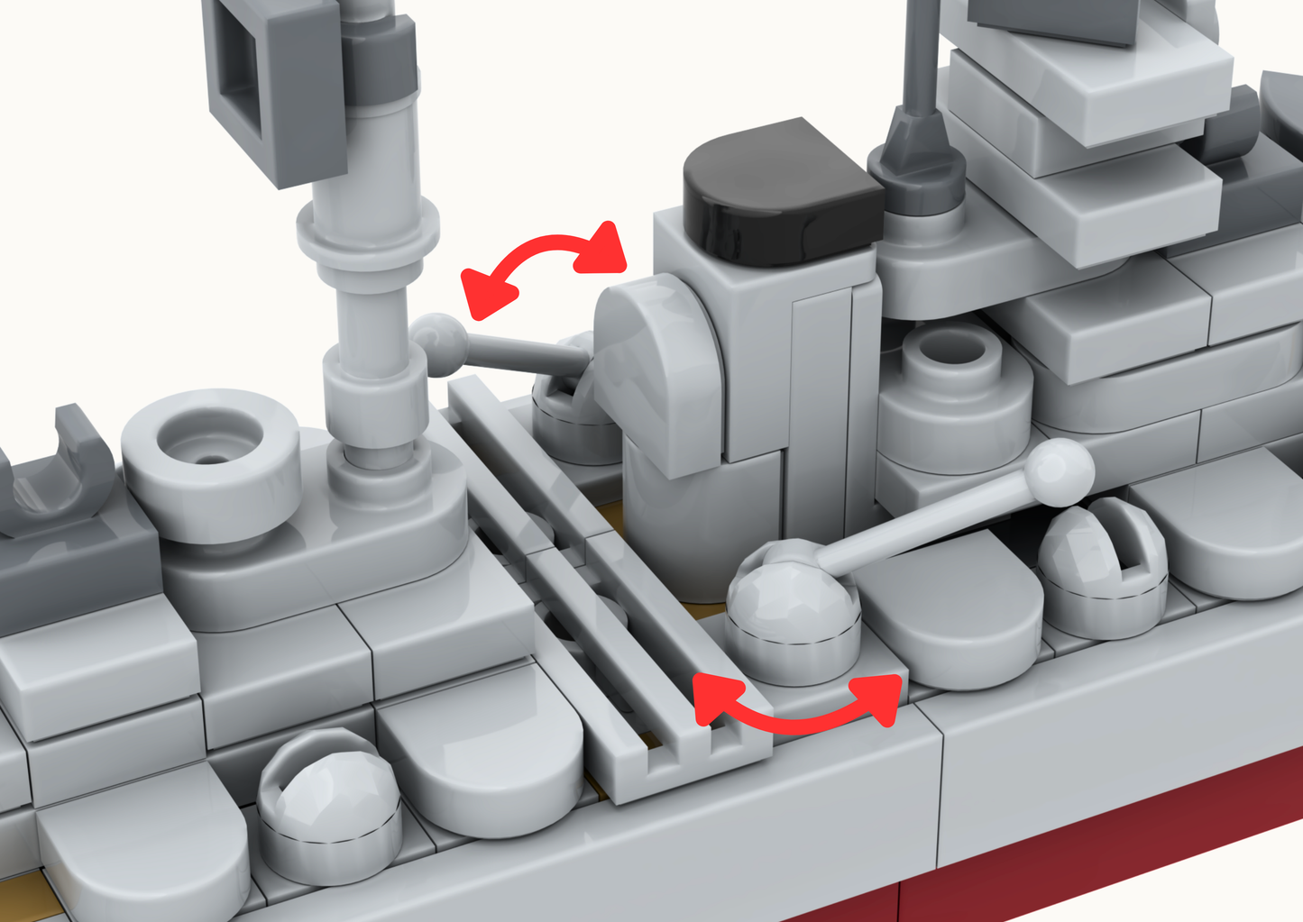 Close-up of a detailed model with red arrows indicating assembly points on a white background
