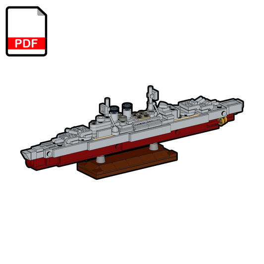 Model of a ship on a stand with a PDF icon in the corner