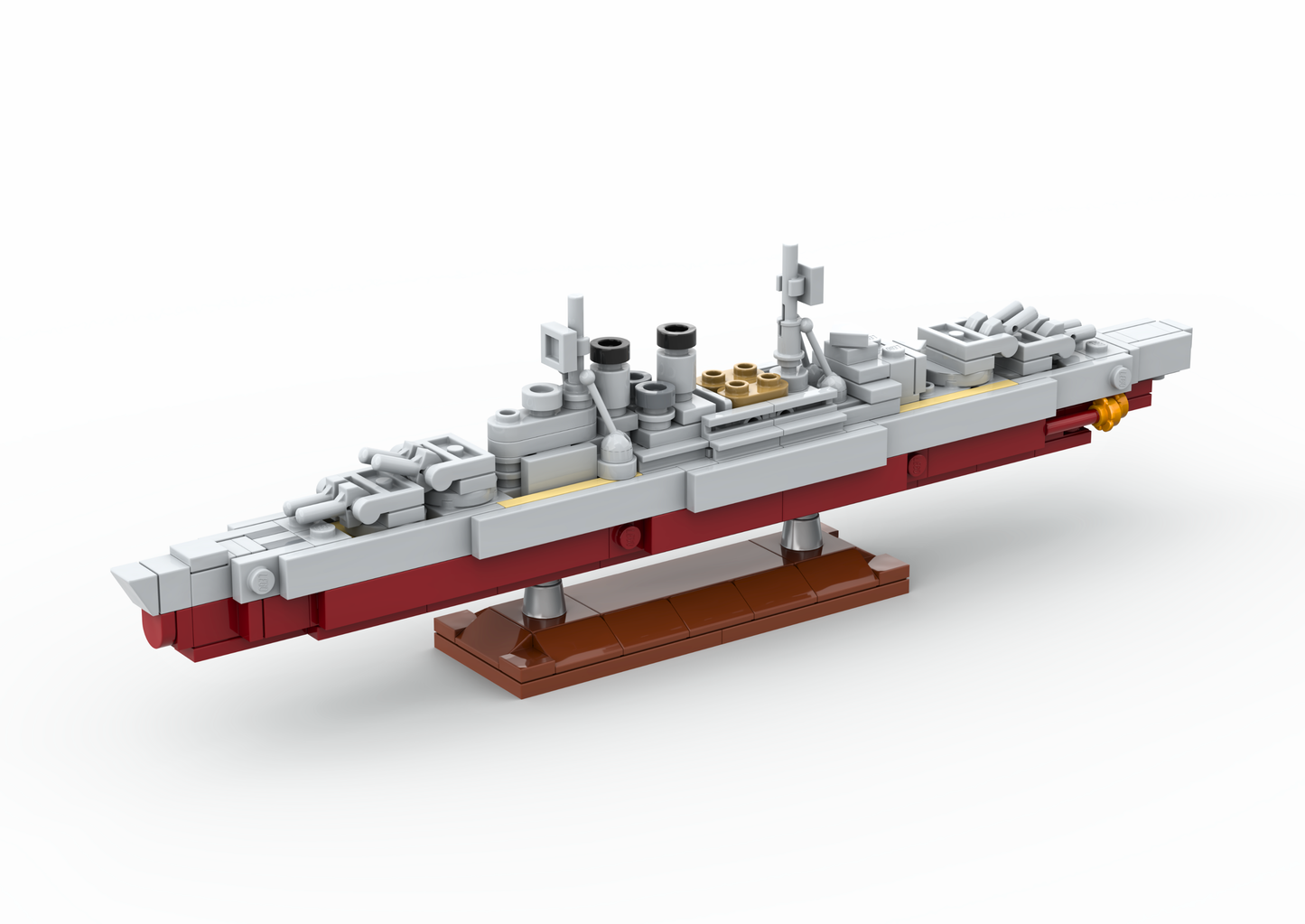 Model of a battlecruiser made from building blocks on a white background