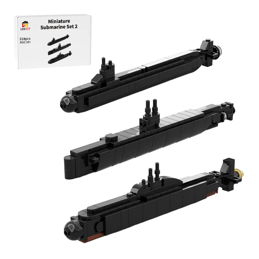Black submarine model set with three different versions on a white background.