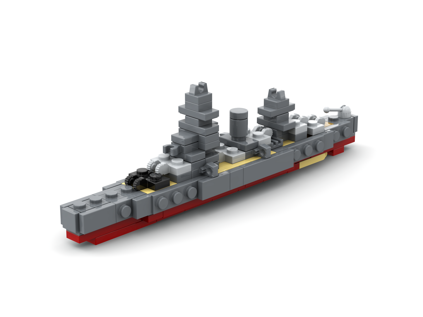 Model of a battleship made from interlocking bricks on a white background.