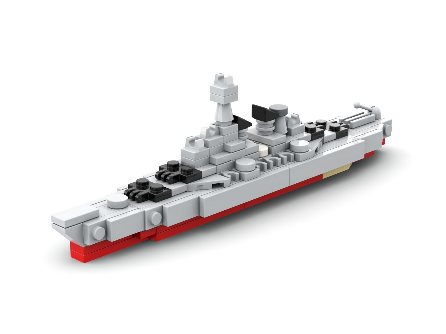 Model of a ship made from interlocking bricks on a white background.