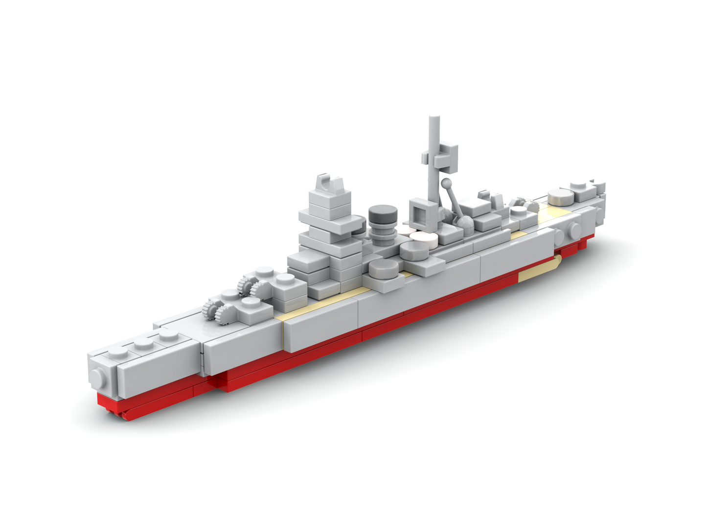 Model of a battleship made from interlocking bricks on a white background.