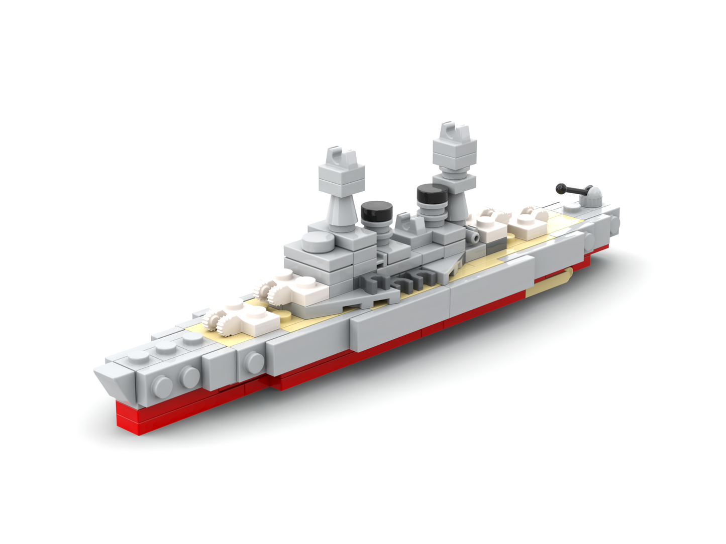 Model of a battleship made from interlocking bricks on a white background.