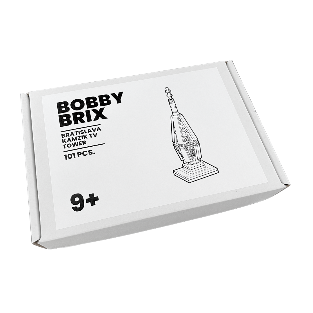 Box of Bobby Brix building blocks with TV tower design on a white background