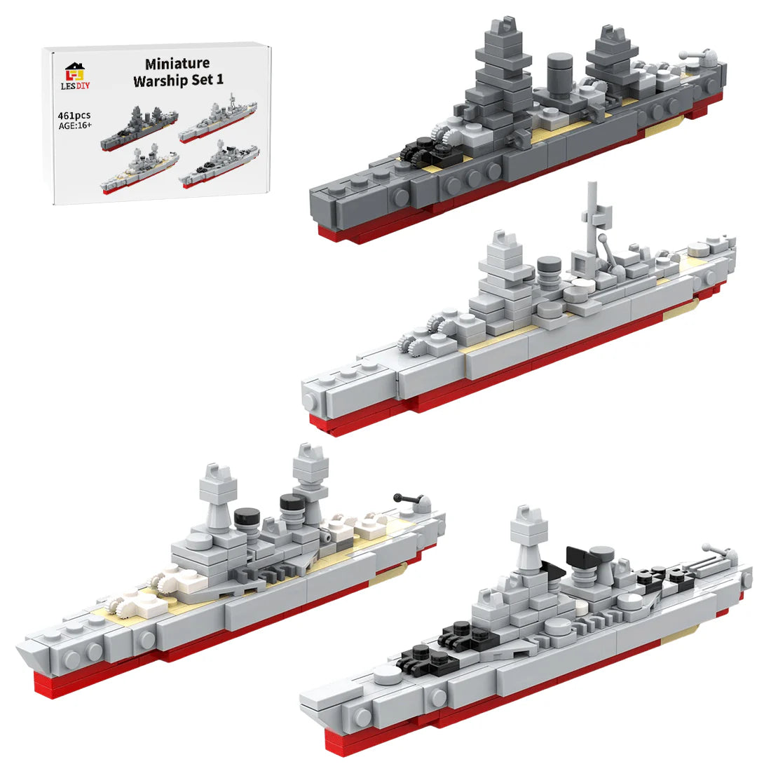 Set of miniature warship models made from building blocks on a white background.