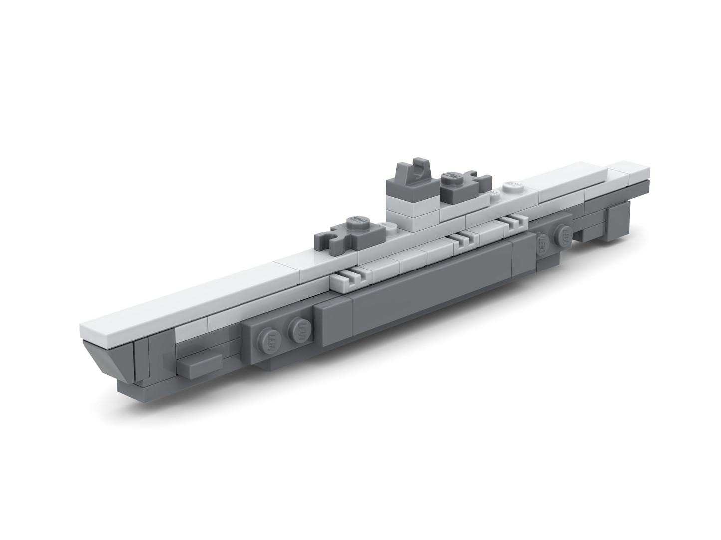 3D rendered image of a micro-scaled LEGO U-505 submarine model.