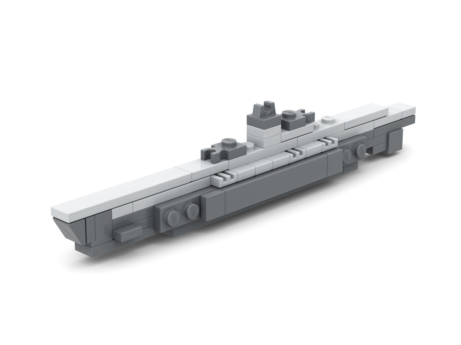 3D rendered image of a micro-scaled LEGO U-505 submarine model.