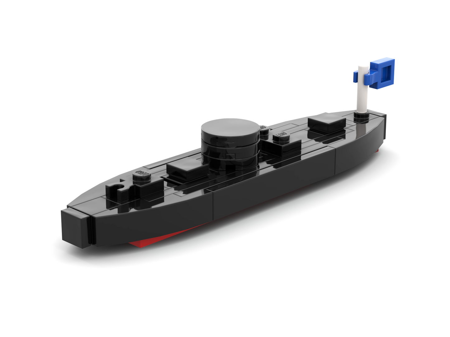 3D rendered image of a miniature LEGO USS Monitor Ironclad model.