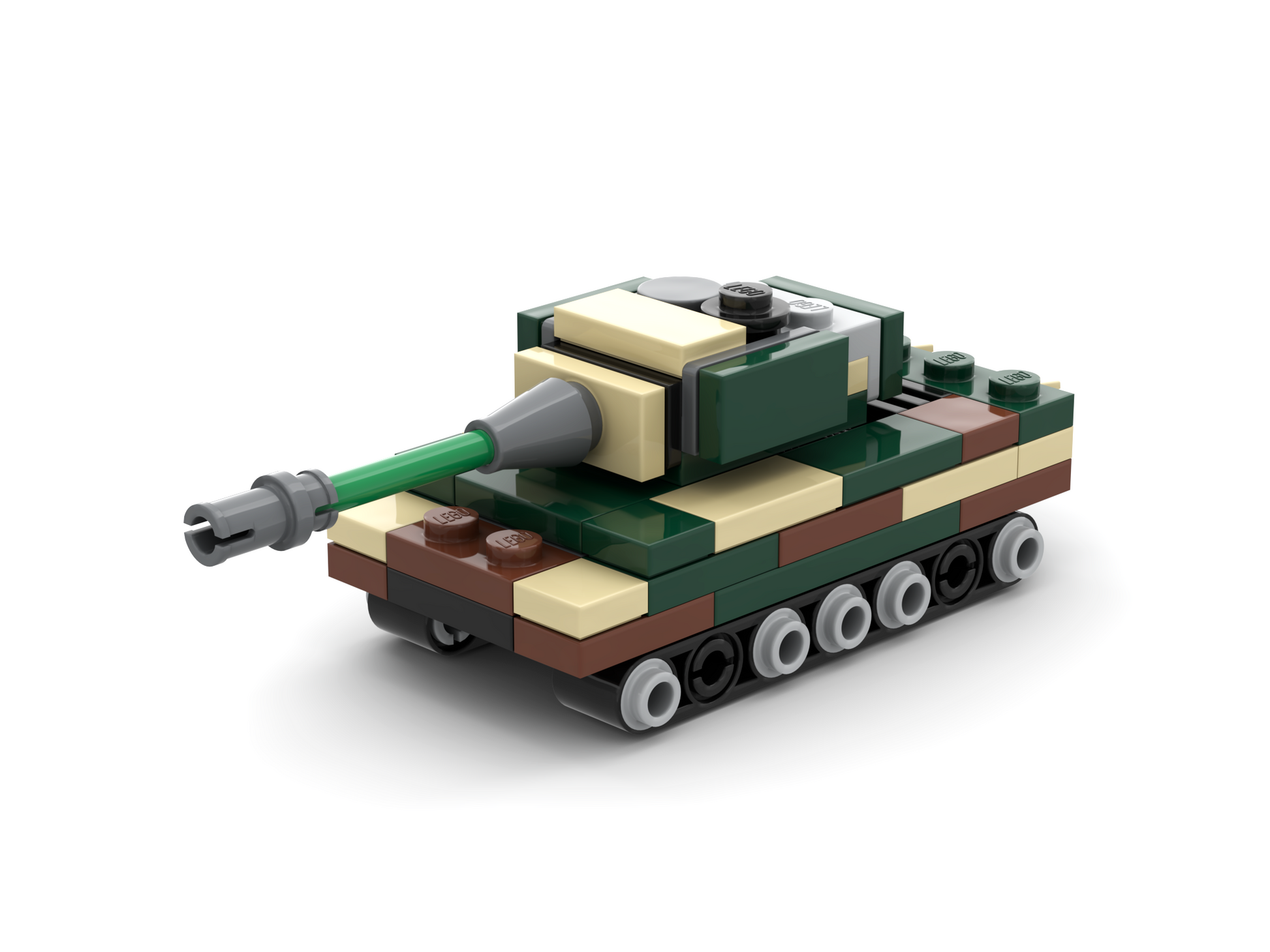 3D rendered image of a LEGO Tiger II tank micro-scaled model.