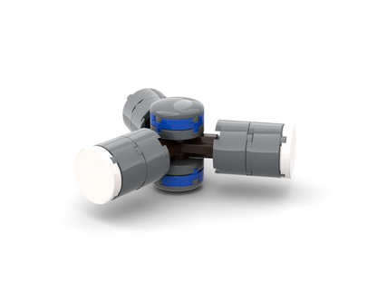 Gray and blue cylindrical device on a white background