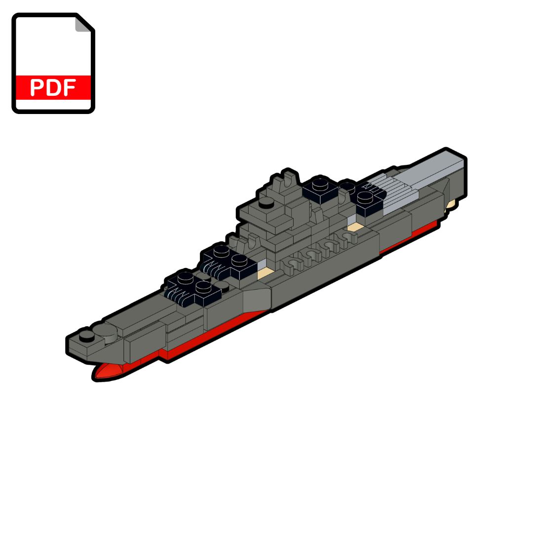 Model of a ship made from interlocking bricks on a white background with a PDF icon.