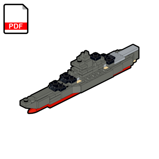 Model of a ship made from interlocking bricks on a white background with a PDF icon.