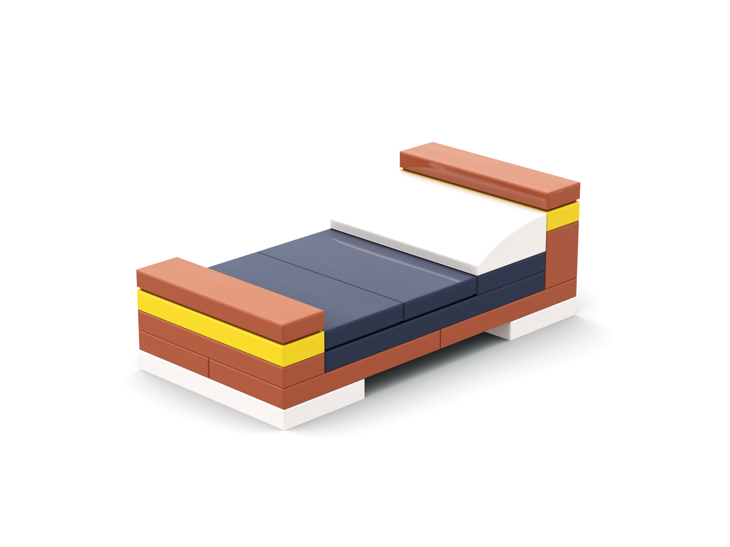 Toy bed with brown, blue, and yellow blocks on a white background