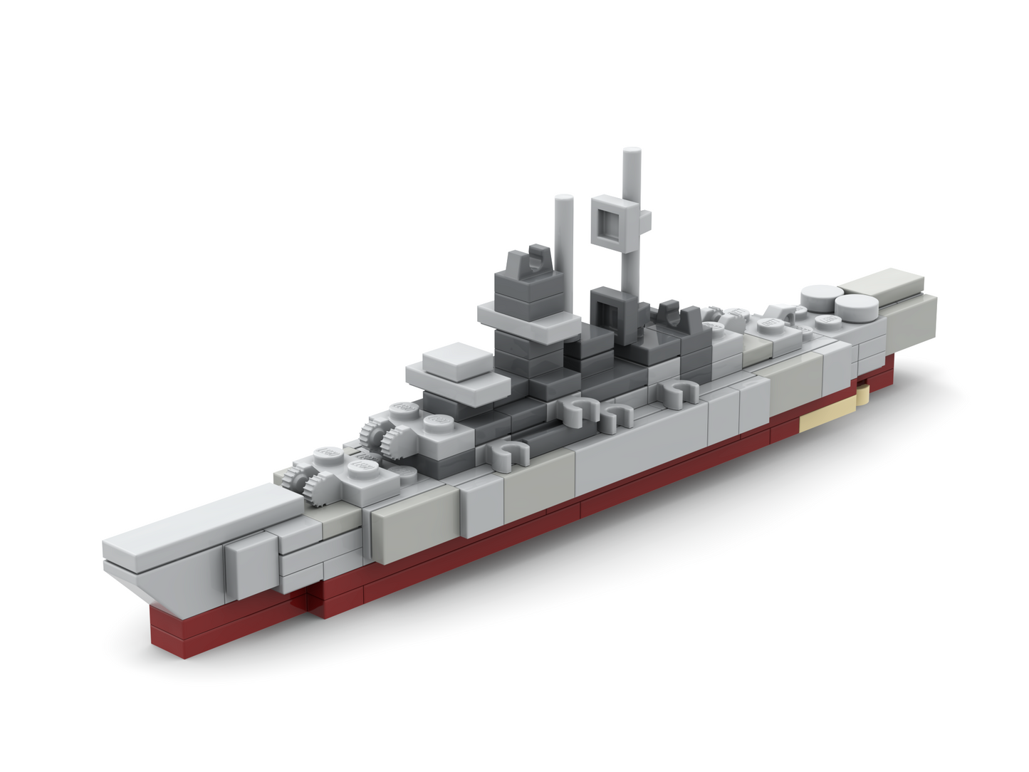 Model of a battleship made from interlocking bricks on a white background